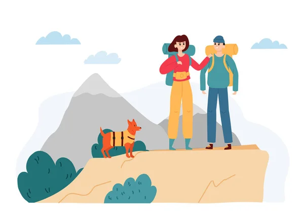 积极的徒步旅行 户外活动露营之旅 男人和女人背着背包和宠物在山上远足 卡通夫妇走在一起与狗病媒 冒险的性质 — 图库矢量图片