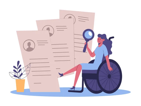 Ανάλυση Χαρακτήρα Άτομα Ειδικές Ανάγκες Γελοιογραφία Νεαρή Γυναίκα Αναπηρική Καρέκλα — Διανυσματικό Αρχείο