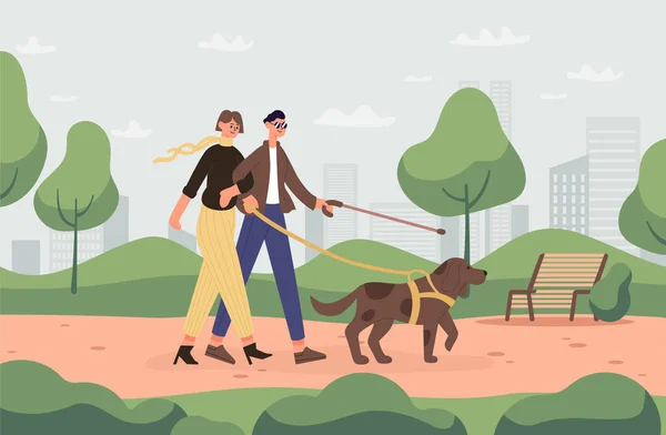 盲導犬が公園を歩いている スティック屋外で男性キャラクターと一緒に行く女性 訓練されたペットと漫画のキャラクター 補助ベクトル図を有する者 — ストックベクタ
