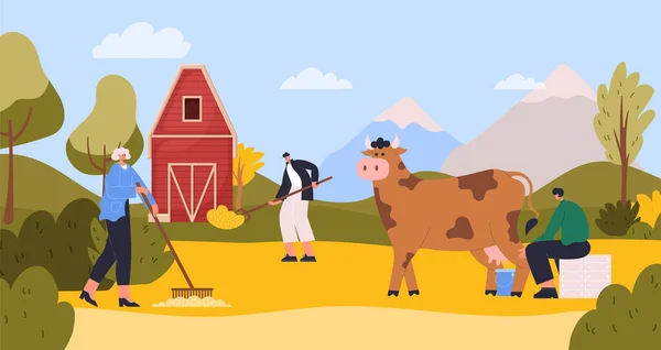 Caractères Fermiers Agriculture Agricole Homme Assis Trayant Vache Dans Seau — Image vectorielle