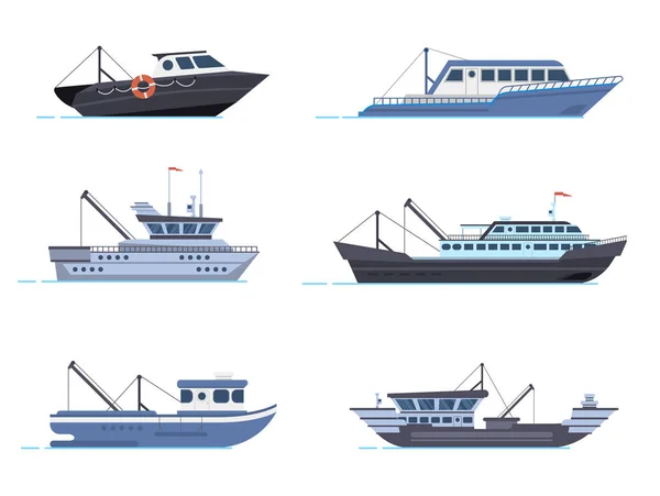漁師のボート 海や海への輸送 魚の輸送をキャッチし ロジスティック業界のボートのための水の車のベクトルイラストセット 海事概念 — ストックベクタ
