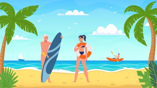 Gente Balneario Hombre Pie Con Tabla Surf Mujer Sosteniendo Anillo — Vector de stock