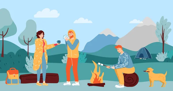 人们露营 朋友们在户外休息 女人给男人喝热茶坐在篝火边的木头上烤棉花糖的家伙 远足者 积极的生活方式载体 — 图库矢量图片