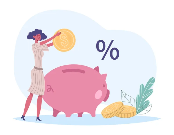 Tasarruf Yatırım Konsepti Kadın Çalışan Domuz Kumbarasına Altın Para Koyuyor — Stok Vektör