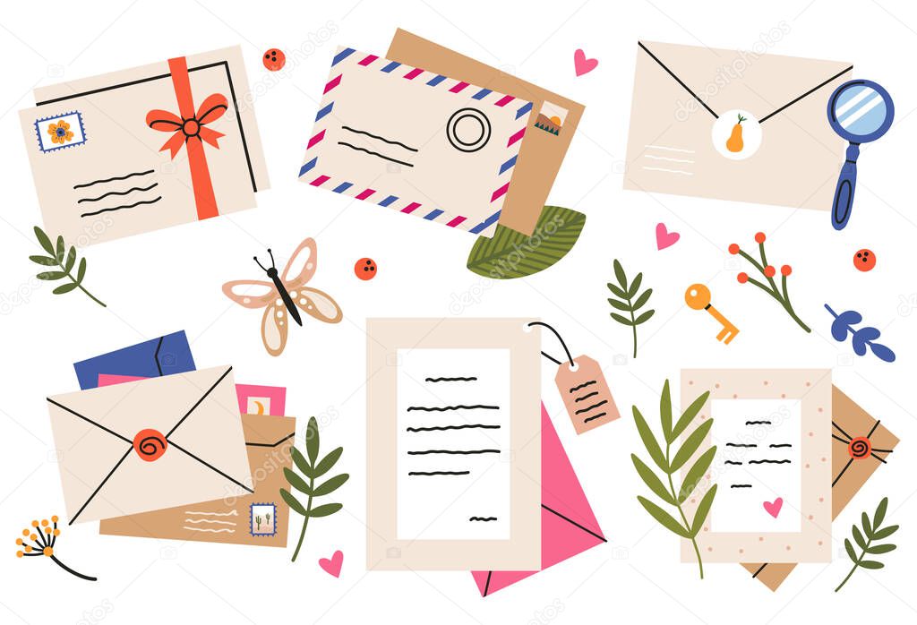 Post cards, envelopes, post stamps, craft paper letters and mail envelopes. Greeting or invitation cards, romantic messages with organic floral elements. Sending correspondence vector
