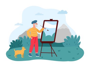 Yaşlıların hobisi. Yaşlılar emekli olur, yaratıcı aktivitelere katılır, açık havada resim yaparlar. Çizgi filmci, tuvali doğaya çiziyor. Eski karakter vektör illüstrasyonunun boş zaman aktivitesi