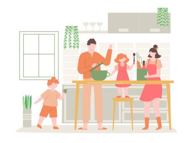 Aile yemeği. Çocuklar, anne babalara mutfakta yemek hazırlamaları için yardım ediyor. Anne ve babasıyla birlikte ev yemeği yapan çocuklar. Annem ürün vektör illüstrasyonlu çanta getiriyor.