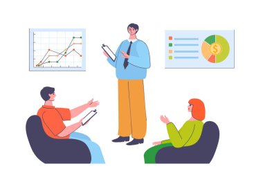 Finansal danışman. Kurumsal ya da kişisel bütçenin analiz edilmesi, harcamaların ve gelirlerin hesaplanması. Denetim verilerini grafik ve grafiklerle sunan adam. Çalışanların istatistik tartışma vektörü