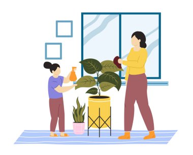 Temizlikçiler, günlük ev işleri. Anne ve kız ev işleri yapıyor, saksı bitkilerini paspaslıyor ve ilaçlıyor. Aile üyeleri tarafından ev idaresi vektör illüstrasyonuName