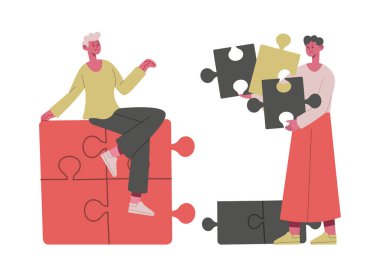 Ortaklık işi konsepti. İnsanlar bulmaca parçaları, takım çalışması topluyor. Kadın ve erkek karakterler iş arkadaşları beyin fırtınası yapıyor ve birlikte çalışıyorlar. Takım işbirliği vektör illüstrasyonu