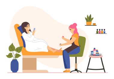 Güzellik merkezi masaj salonu. Tırnak teknisyenleri bayan müşteri için pedikür yapıyor. Oje süren bir kadın. Kadın karakter sandalyede oturuyor ve ayak tedavi vektörü çizimine sahip.