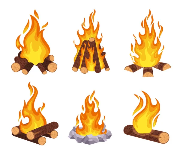 Dessin Animé Feu Camp Feu Bois Une Bûche Brûlante Flammes — Image vectorielle