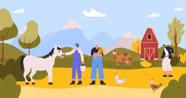 Çiftlik Tarımındaki Çiftçi Karakterler Kovayı Tutan Atı Besleyen Kadın Tırmıklarla — Stok Vektör