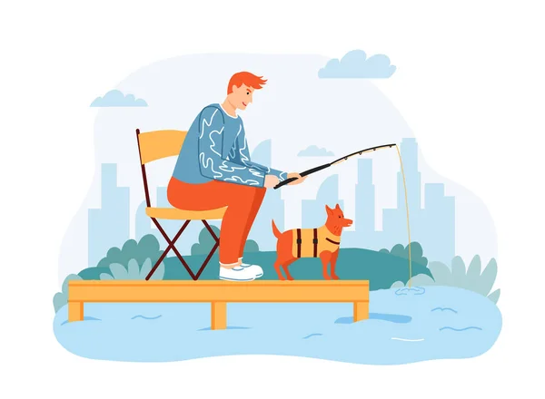釣りだ 男釣りロッド魚を待っていると椅子に座って 屋外の夏の趣味 湖や川の近くの外で余暇を過ごす犬と男性の文字 レクリエーション活動ベクトル — ストックベクタ