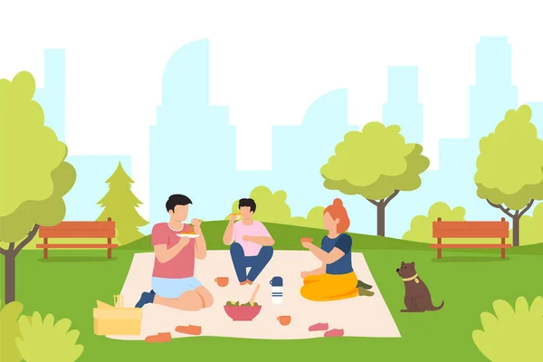 公园里的野餐 朋友们吃沙拉 喝热水瓶茶 男主角和女主角一起度过闲暇时光 在大自然中令人毛骨悚然的年轻人 — 图库矢量图片