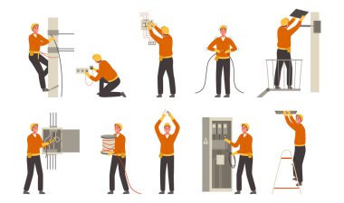 Çizgi film elektrikçileri. Profesyonel elektrik işçisi, elektrik mühendisi ve enerji transformatörü onarımı. İşçi elektrikçi ve profesyonel elektrikçinin yüksek voltajlı vektör çizimi risklidir.