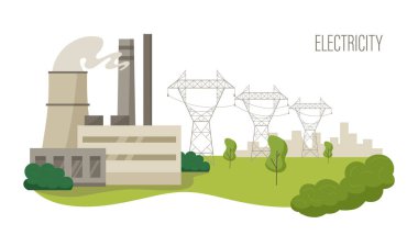 Şehre elektrik iletimi. Yüksek voltajlı elektrik direkleri elektrik santralinden kasabaya elektrik sağlıyor. Elektrik sanayi direği çiziminin vektör çizimi