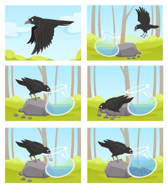 Susamış karga. Zeki siyah karga ve bir sürahi su hikayesi. Akıllı kuş, karga ve su grafiklerinin karikatür vektör hikayesini anlatmak için sürahiye taş atar.