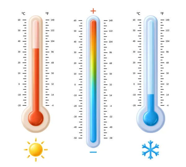 华氏及摄氏温度计 带有热太阳和冷雪花图标的温度谱刻度 天气气象学测量3D矢量图片集 — 图库矢量图片