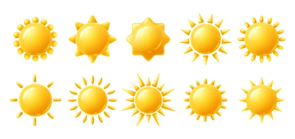太陽の3Dアイコン 黄色の明るさのシンボル 光線の形をした太陽 晴れた日と暑い温度ベクトルのイラストセット明るい太陽のアイコン — ストックベクタ