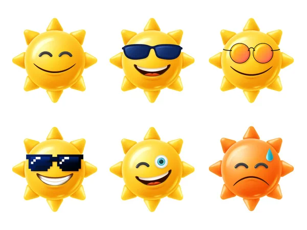 Personaje Sun Emoji Sol Amarillo Feliz Con Cara Sonriente Gafas — Vector de stock