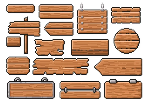 Pixel艺术木制标志 旧的路标指针 8位木质风格的横幅和应用接口框架矢量模板集 木工设计图解 像素艺术8位 — 图库矢量图片