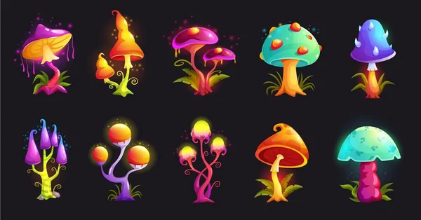 幻想のキノコ 魔法の真菌 幻覚性ネオン蛍光キノコとエイリアンの森の真菌漫画のベクトルイラスト魔法の真菌とサイケデリックキノコのセット — ストックベクタ