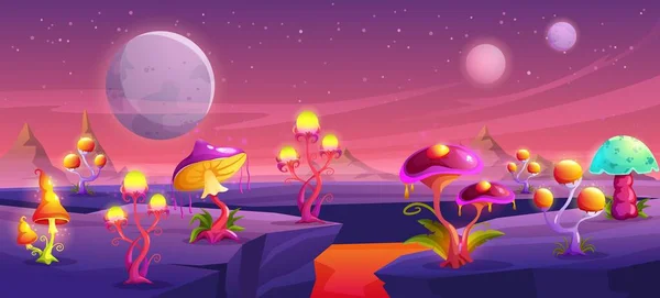 幻想蘑菇行星表面 异形森林 神奇的空间真菌世界和巨大的蘑菇陆地卡通矢量全景背景的蘑菇奇幻背景图解 — 图库矢量图片