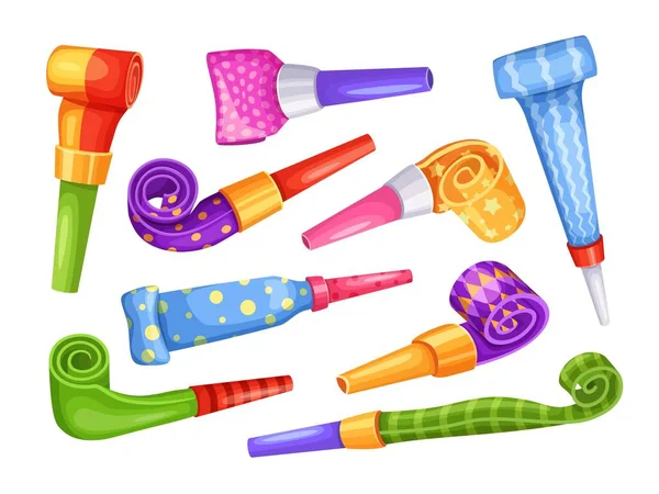 漫画のパーティーのブロワー チューブホーン 誕生日のお祝いのための吹きノイズメーカーと長いパイプベクトルイラスト誕生日のお祝いのセットと吹き出しおもちゃを笛 送風イベント — ストックベクタ