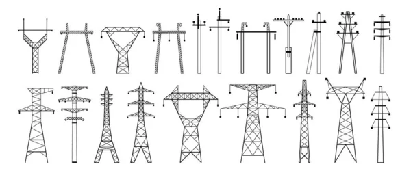 Silhueta Pilão Elétrica Linha Elétrica Alta Tensão Tipos Pólos Transmissão — Vetor de Stock