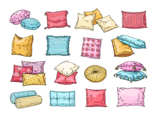 Coussins Confortables Dessinés Main Croquis Oreillers Lit Avec Motifs Textiles — Image vectorielle