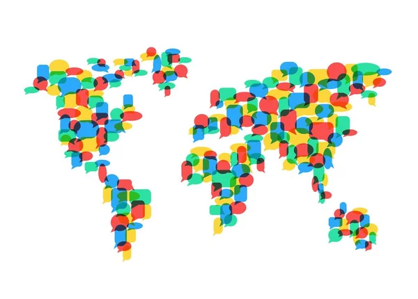Wereldpraat Wereldwijd Forum Wereldwijde Meningen Kleurrijke Spraakbelletjes Kaart Gebracht Vrije — Stockvector