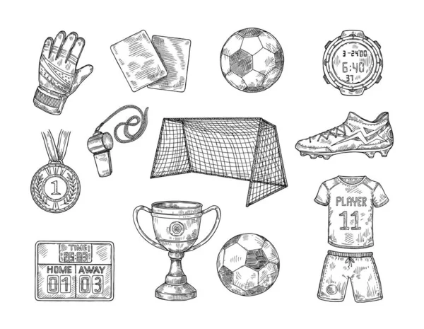 Futbol Unsurlarını Çiz Çizimi Futbol Topu Spor Üniforması Şampiyonluk Kupası — Stok Vektör
