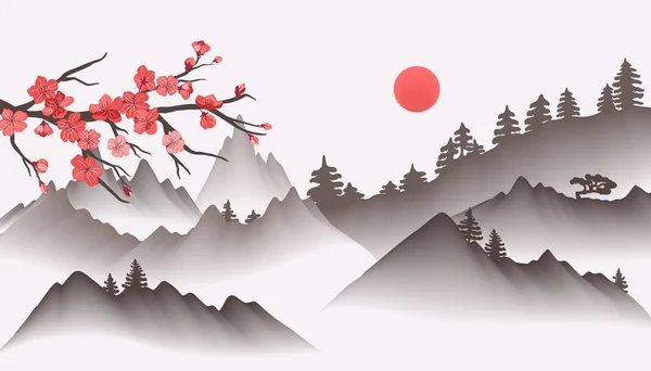 Pintura Paisajística China Oriental Asiático Fondo Con Niebla Montañas Sakura — Vector de stock