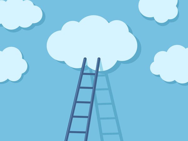 Ladder to clouds. Cloud migration solution, stair steps to dream and opportunity concept. Cloudy sky cartoon minimal vector illustration of solution success cloud concept