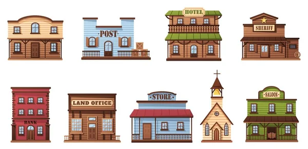Wild West Buildings Western Town Houses Wooden Saloon Sheriff Office — Stock Vector