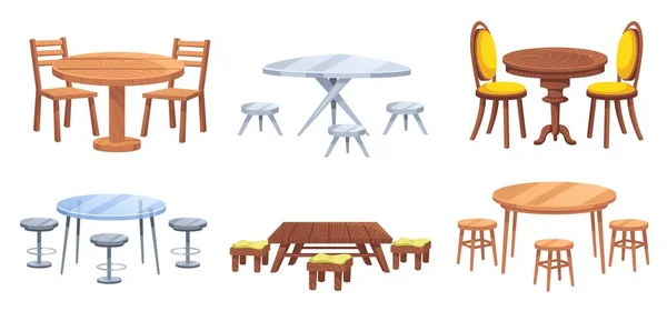 Cartoonmöbel Tische Mit Stühlen Zum Essen Restaurant Und Picknick Szene — Stockvektor
