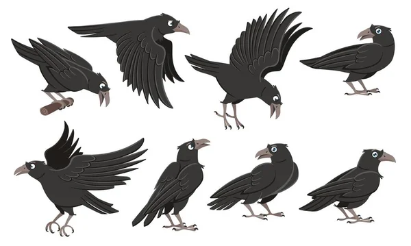 Cartoon Crows Wild Black Birds Raven Character Different Poses Flying — Stock Vector