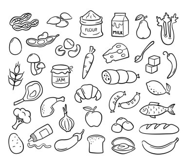 Elle çizilmiş gıda ürünleri ikonları. Menü tasarımları ve yiyecek ambalajları için karalama malzemeleri. Vektör illüstrasyon seti yiyorum. Sebze ve meyve, sosis ve tavuk gibi ekmek ve et.