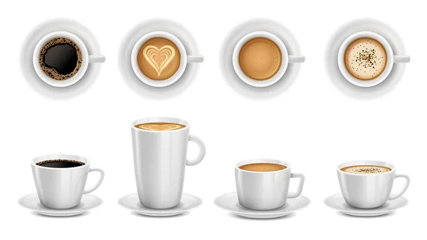 Realistische Tassen Kaffee Weiße Keramiktasse Cappuccino Latte Art Und Café — Stockvektor