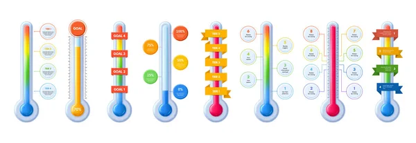 Hőmérő Hőmérséklet Infografikus Sablonok Forró Hideg Értékesítés Adománygyűjtő Szintmérő Célkövető — Stock Vector