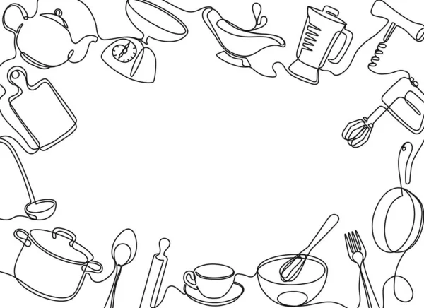 Безперервна Одна Лінія Кухонної Рамки Шаблон Банерів Приготування Їжі Кулінарне — стоковий вектор