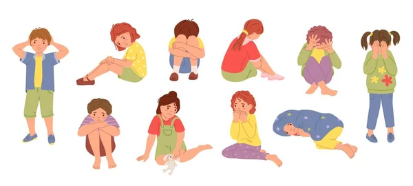 孩子们都很焦虑敏感 悲伤的儿童 心理健康卡通病媒图集 不快乐的青少年在绝望中 孤独寂寞的男孩和女孩抑郁 — 图库矢量图片