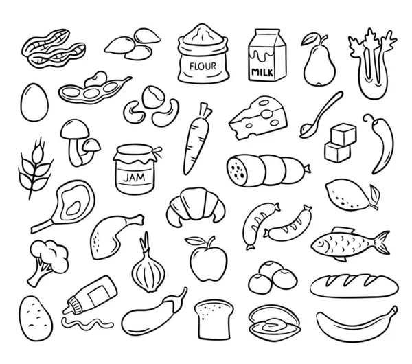 Handritade Livsmedel Ikoner Doodle Matvaror För Menydesign Och Livsmedelsförpackningar Äta — Stock vektor