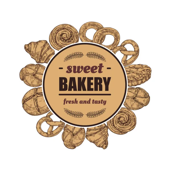 Έμβλημα Του Αρτοποιείου Σκετς Γλυκά Ψημένα Προϊόντα Και Φρέσκο Ψωμί — Διανυσματικό Αρχείο