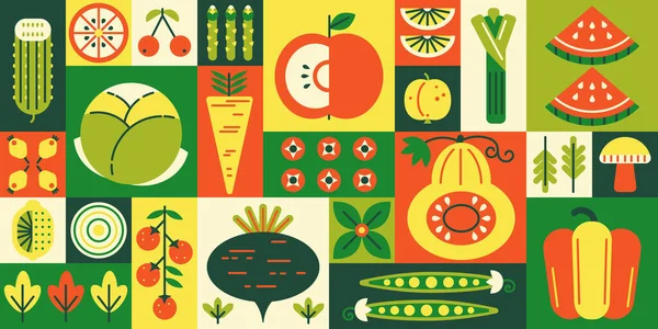 Mosaico Geométrico Frutas Verduras Mercancías Comestibles Rejilla Productos Agrícolas Ilustración — Vector de stock