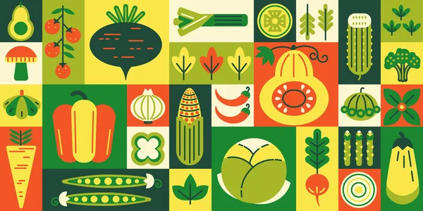 幾何学的な野菜モザイク 健康食品市場 食料品や地元の農産物グリッドタイルの背景 庭の新鮮な野菜の店のベクトルイラスト トマトやビートルートなどの天然成分 — ストックベクタ