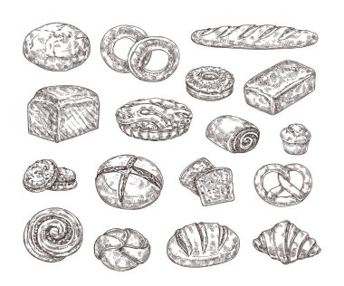 Eskiz fırını yemekleri. Elle çizilmiş ekmek, tatlı pasta ve yiyecek paketleme tasarımları için tatlılar. Pişmiş ürün vektör çizimi seti. Organik ev yapımı kruvasan, baget, kurabiye