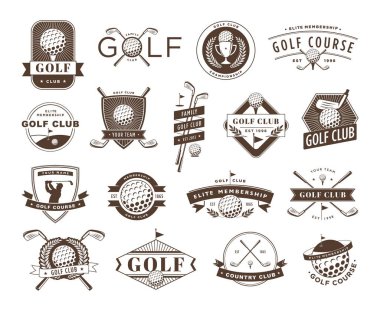 Golf kulübü rozetleri. Oyun sahası amblemi, golf topu silueti etiketi ve spor yaşam tarzı vektör çizimi. Ekipman ve kupa ile turnuva. Şampiyonaya katılan oyuncularla kalkanlar