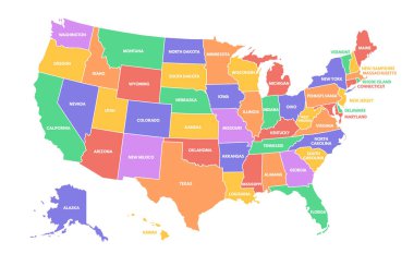 Renkli ABD haritası. Seyahat ve coğrafya vektörü illüstrasyon bilgisi tasarımı için farklı renk ve isimlere sahip Amerika Birleşik Devletleri bölgeleri. ABD toprak eğitim bayrağı